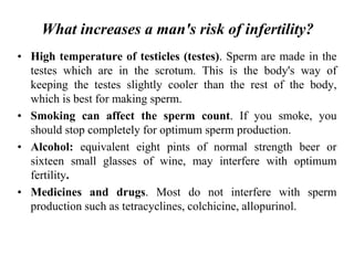 • High temperature of testicles (testes). Sperm are made in the
testes which are in the scrotum. This is the body's way of
keeping the testes slightly cooler than the rest of the body,
which is best for making sperm.
• Smoking can affect the sperm count. If you smoke, you
should stop completely for optimum sperm production.
• Alcohol: equivalent eight pints of normal strength beer or
sixteen small glasses of wine, may interfere with optimum
fertility.
• Medicines and drugs. Most do not interfere with sperm
production such as tetracyclines, colchicine, allopurinol.
What increases a man's risk of infertility?
 