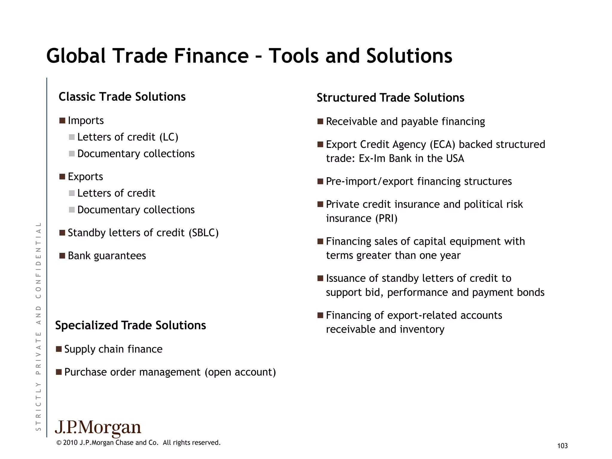 Global Trade Finance – Tools and Solutions
                           Classic Trade Solutions                                Structured Trade Solutions
                            Imports                                               Receivable and payable financing
                               Letters of credit (LC)
                                                                                   Export Credit Agency (ECA) backed structured
                               Documentary collections                             trade: Ex-Im Bank in the USA
                            Exports                                               Pre-import/export financing structures
                               Letters of credit
                                                                                   Private credit insurance and political risk
                               Documentary collections
                                                                                    insurance (PRI)
C O N F I D E N T I A L




                            Standby letters of credit (SBLC)
                                                                                   Financing sales of capital equipment with
                            Bank guarantees                                        terms greater than one year

                                                                                   Issuance of standby letters of credit to
                                                                                    support bid, performance and payment bonds
A N D




                                                                                   Financing of export-related accounts
                          Specialized Trade Solutions                               receivable and inventory
P R I V A T E




                           Supply chain finance

                           Purchase order management (open account)
ST R I C T L Y




                           © 2010 J.P.Morgan Chase and Co. All rights reserved.                                                    103
 
