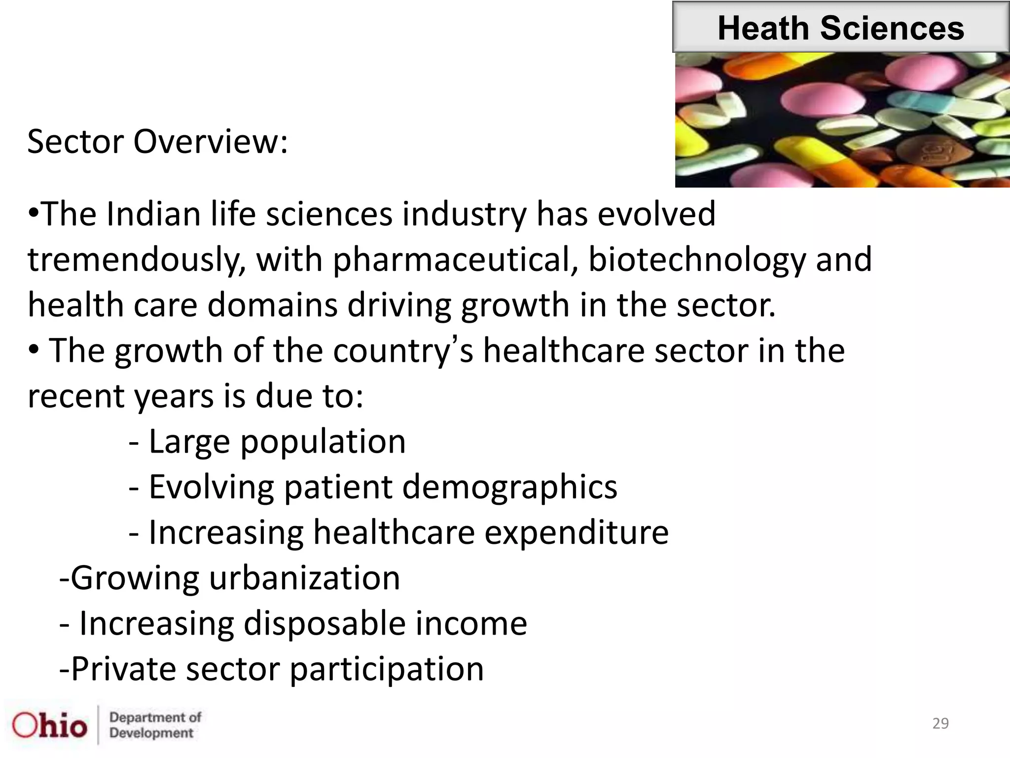 Heath Sciences


Sector Overview:
•The Indian life sciences industry has evolved
tremendously, with pharmaceutical, biotechnology and
health care domains driving growth in the sector.
• The growth of the country‟s healthcare sector in the
recent years is due to:
        - Large population
        - Evolving patient demographics
        - Increasing healthcare expenditure
   -Growing urbanization
   - Increasing disposable income
   -Private sector participation
                                                         29
 