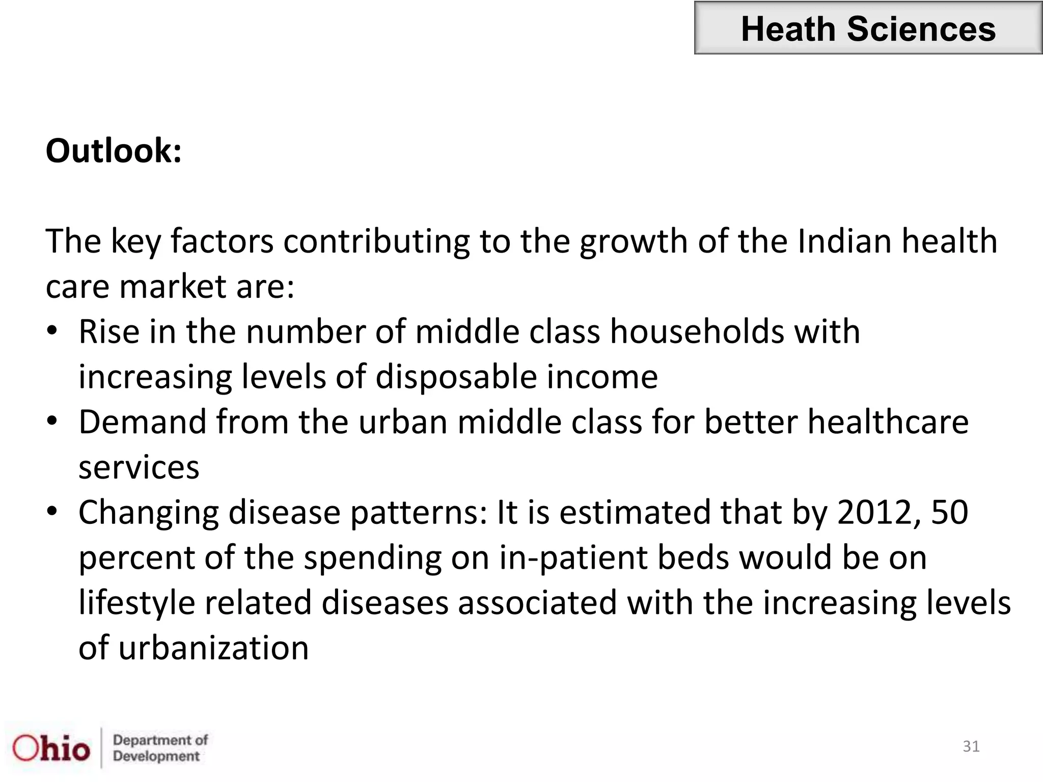 Heath Sciences


Outlook:

The key factors contributing to the growth of the Indian health
care market are:
• Rise in the number of middle class households with
  increasing levels of disposable income
• Demand from the urban middle class for better healthcare
  services
• Changing disease patterns: It is estimated that by 2012, 50
  percent of the spending on in-patient beds would be on
  lifestyle related diseases associated with the increasing levels
  of urbanization

                                                              31
 
