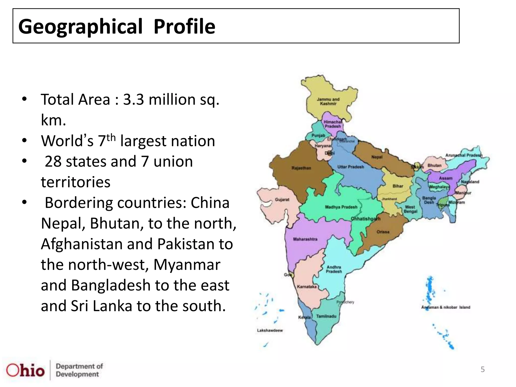 Geographical Profile


• Total Area : 3.3 million sq.
  km.
• World‟s 7th largest nation
• 28 states and 7 union
  territories
• Bordering countries: China
  Nepal, Bhutan, to the north,
  Afghanistan and Pakistan to
  the north-west, Myanmar
  and Bangladesh to the east
  and Sri Lanka to the south.


                                 5
 