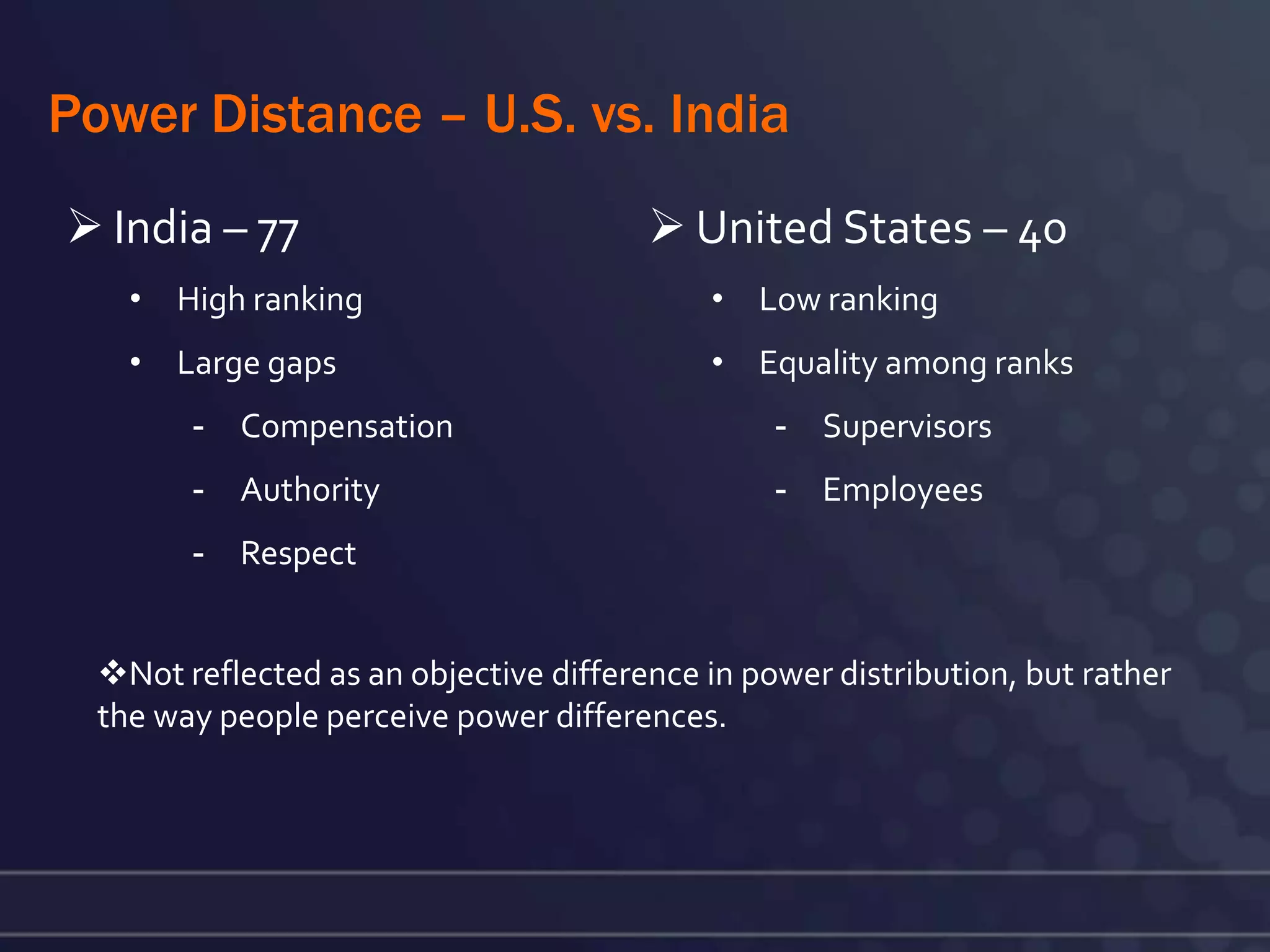 Power Distance – U.S. vs. India
 India – 77                             United States – 40
    • High ranking                          • Low ranking
    • Large gaps                            • Equality among ranks
        -   Compensation                         -   Supervisors
        -   Authority                            -   Employees
        -   Respect


  Not reflected as an objective difference in power distribution, but rather
  the way people perceive power differences.
 