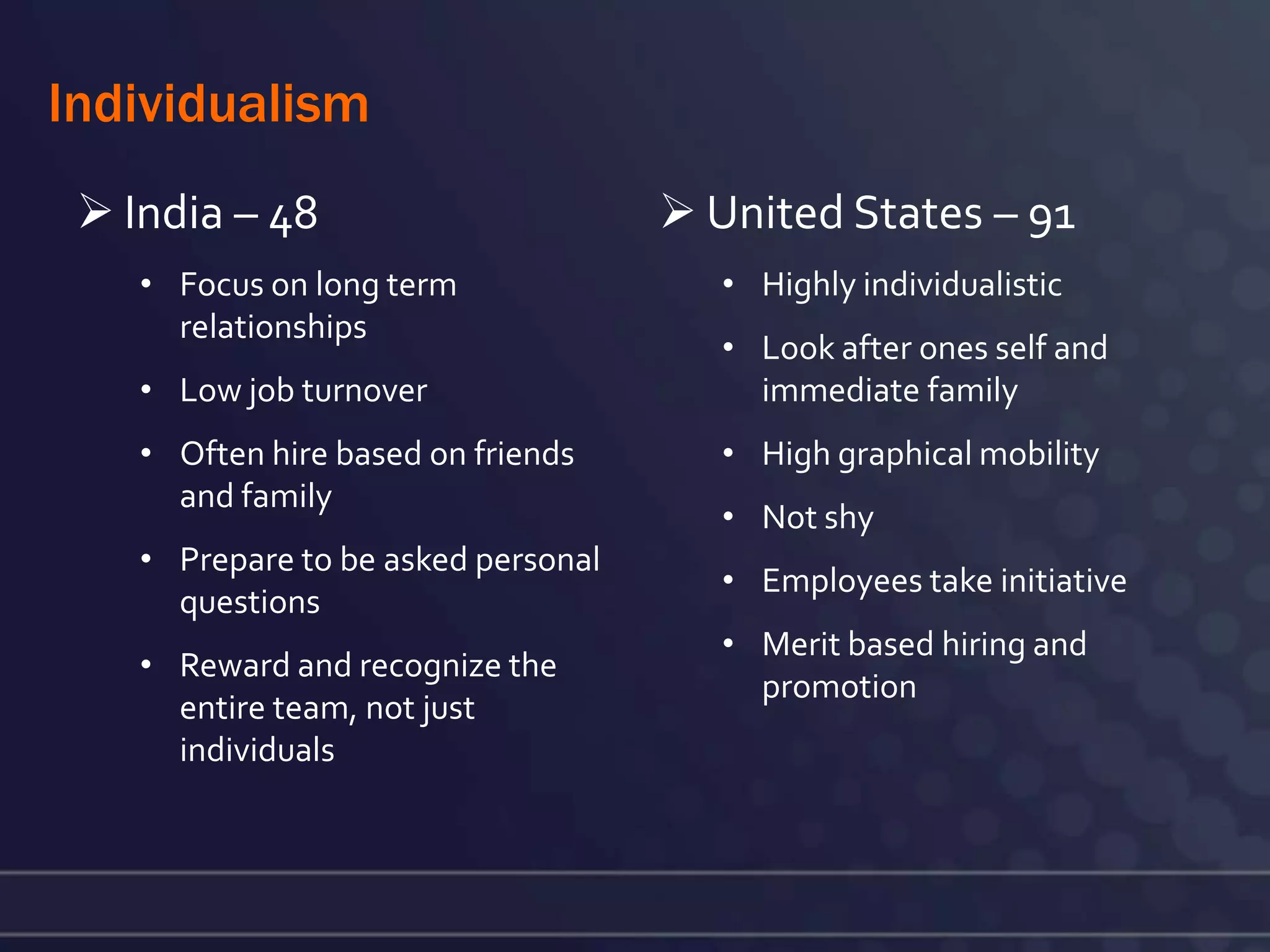 Individualism
  India – 48                         United States – 91
    • Focus on long term                • Highly individualistic
      relationships
                                        • Look after ones self and
    • Low job turnover                    immediate family
    • Often hire based on friends       • High graphical mobility
      and family
                                        • Not shy
    • Prepare to be asked personal
                                        • Employees take initiative
      questions
                                        • Merit based hiring and
    • Reward and recognize the
                                          promotion
      entire team, not just
      individuals
 