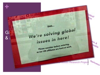 +
Global Issues
& Ideas
 1 - Understanding Citizenship
 2 - Global Citizenship
& the United Nations
 3 - Education
 4 - What the World Eats
 5 - Hunger & Malnutrition
 6 - Global Health
 7 - Refugee Conflicts
 8 - Environmental Issues
 9 – Global Issues Research Project
Structure
 
