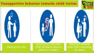Sending the child back
to the perpetrator
Talking about the abuse to
others in front of child
Disclosing child’s
identity ...