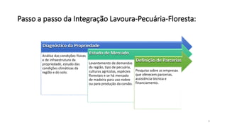 Passo a passo da Integração Lavoura-Pecuária-Floresta:
Diagnóstico da Propriedade
Análise das condições físicas
e de infraestrutura da
propriedade, estudo das
condições climáticas da
região e do solo.
Estudo de Mercado
Levantamento de demandas
da região, tipo de pecuária,
culturas agrícolas, espécies
florestais e se há mercado
de madeira para uso nobre
ou para produção da carvão.
Definição de Parcerias
Pesquisa sobre as empresas
que oferecem parcerias,
assistência técnica e
financiamento.
9
 