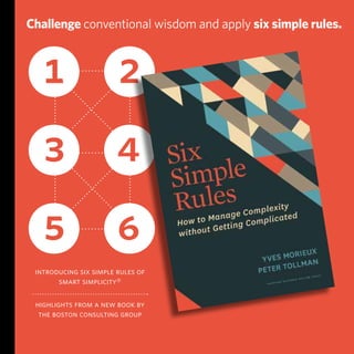 introducing six simple rules of
smart simplicity®
highlights from a new book by
the boston consulting group
1 2
3 4
5 6
Challenge conventional wisdom and apply six simple rules.
 