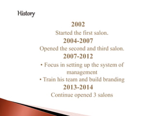 History
2002
Started the first salon.
2004-2007
Opened the second and third salon.
2007-2012
• Focus in setting up the system of
management
• Train his team and build branding
2013-2014
Continue opened 3 salons
 