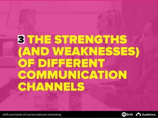 3 THE STRENGTHS
(AND WEAKNESSES)
OF DIFFERENT
COMMUNICATION
CHANNELS
drift.com/state-of-conversational-marketing
 