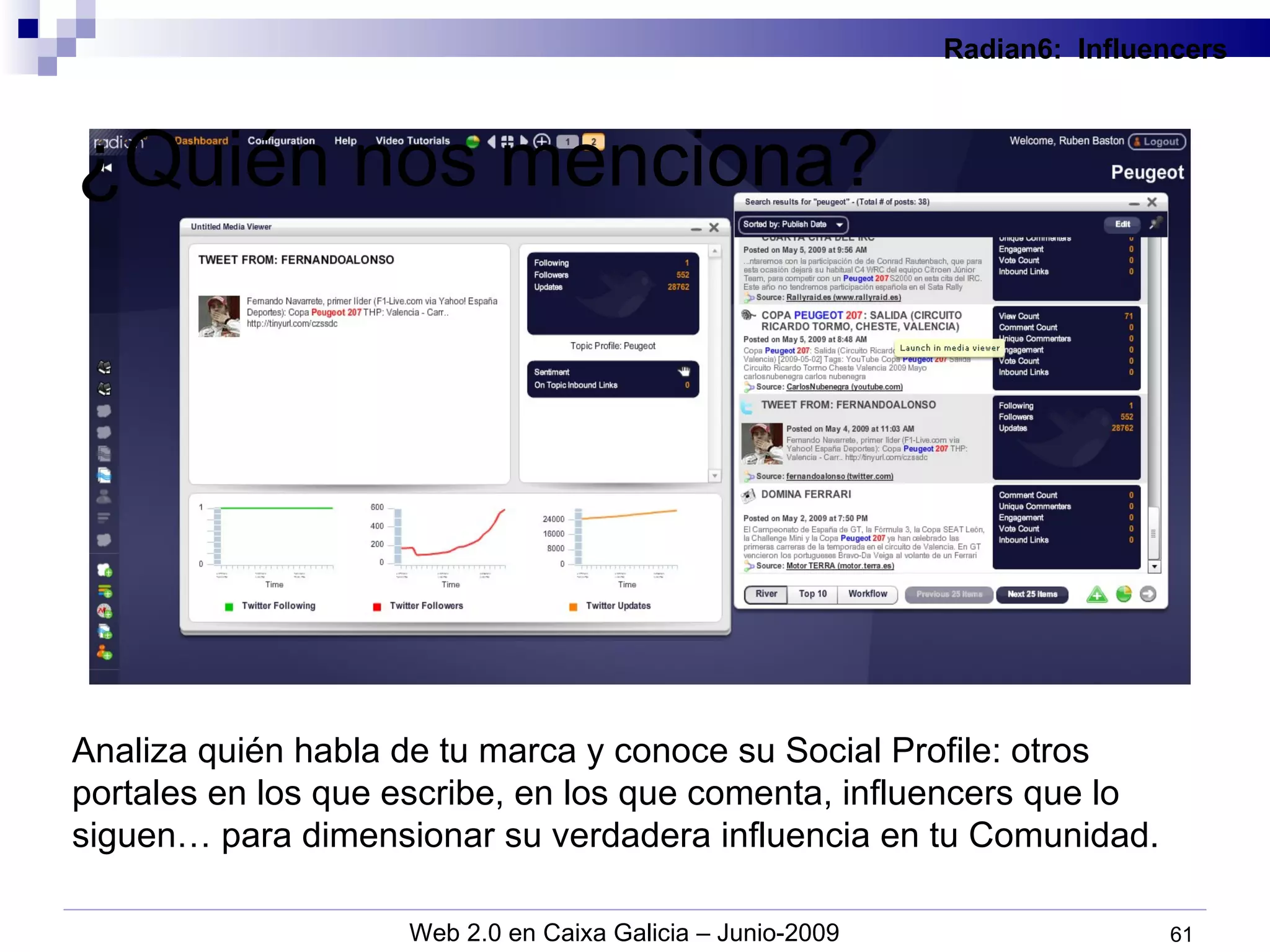 ¿Quién nos menciona? Analiza quién habla de tu marca y conoce su Social Profile: otros portales en los que escribe, en los que comenta, influencers que lo siguen… para dimensionar su verdadera influencia en tu Comunidad. Radian6:   Influencers 