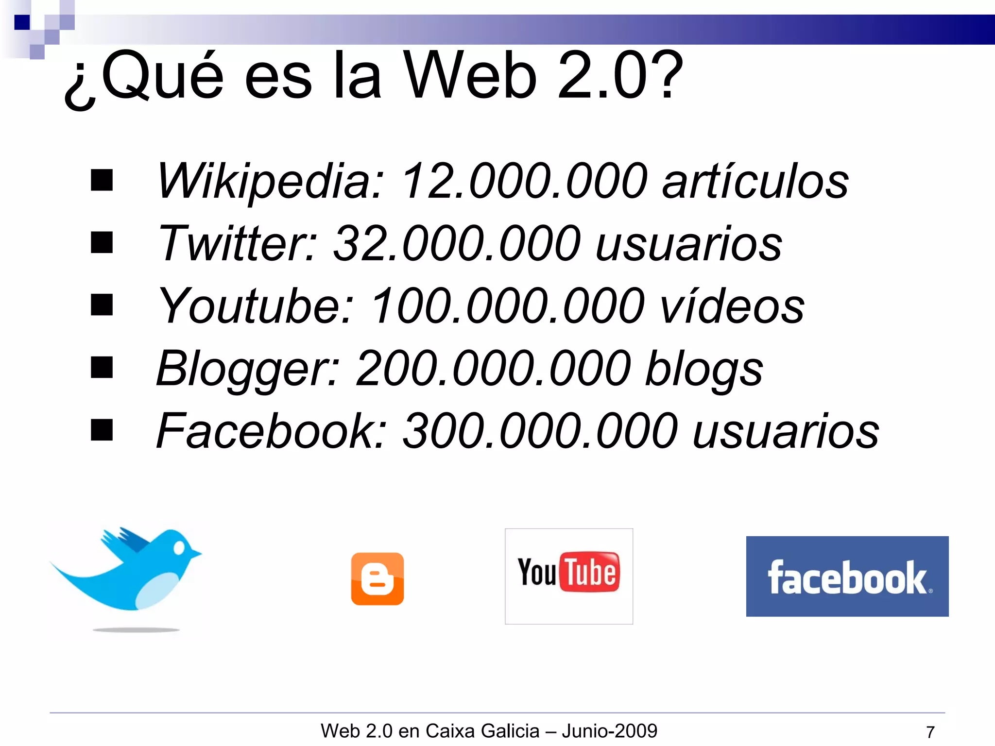 ¿Qué es la Web 2.0? Wikipedia: 12.000.000 artículos Twitter: 32.000.000 usuarios Youtube: 100.000.000 vídeos Blogger: 200.000.000 blogs Facebook: 300.000.000 usuarios 