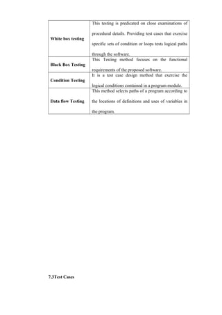White box testing
This testing is predicated on close examinations of
procedural details. Providing test cases that exercise
specific sets of condition or loops tests logical paths
through the software.
Black Box Testing
This Testing method focuses on the functional
requirements of the proposed software.
Condition Testing
It is a test case design method that exercise the
logical conditions contained in a program module.
Data flow Testing
This method selects paths of a program according to
the locations of definitions and uses of variables in
the program.
7.3Test Cases
 
