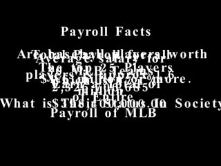 Payroll Facts Total Payroll for all 30 MLB Teams 2,326,706,685 The top 25 Players Earn a Total of $398,400,000.00 Which is...