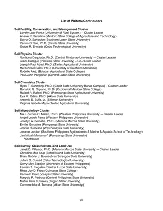 vii
List of Writers/Contributors
Soil Fertility, Conservation, and Management Cluster
Lovely Luar-Perez (University of Rizal System) – Cluster Leader
Anane R. Sereñina (Mindoro State College of Agriculture and Technology)
Salvo O. Salvacion (Southern Luzon State University)
Venus O. Saz, Ph.D. (Cavite State University)
Grace R. Enojada (Cebu Technological University)
Soil Physics Cluster
Nonilona Daquiado, Ph.D. (Central Mindanao University) – Cluster Leader
Jeam Catague (Palawan State University) – Co-cluster Leader
Joseph Paul Abad, Ph.D. (Tarlac Agricultural University)
Mel Chrisel Sales, Ph.D. (University of Southern Mindanao)
Rodelio Alejo (Bulacan Agricultural State College)
Paul John Pangilinan (Central Luzon State University)
Soil Chemistry Cluster
Ryan T. Sarimong, Ph.D. (Capiz State University Burias Campus) – Cluster Leader
Ronaldo G. Orpiano, Ph.D. (Occidental Mindoro State College)
Rafael R. Rafael, Ph.D. (Pampanga State Agricultural University)
Eva R. Orlina, Ph.D. (Aklan State University)
Arsenio D. Bulfa, Jr. (Silliman University)
Virginia Isabelle Mapa (Tarlac Agricultural University)
Soil Microbiology Cluster
Ma. Lourdes O. Marzo, Ph.D. (Western Philippines University) – Cluster Leader
Angel Lovely Pama (Western Philippines University)
Jocelyn A. Bernabe, Ph.D. (Mariano Marcos State University)
Emilie Gonzales (Pampanga State University)
Jonnie Huervana (West Visayas State University)
Jerome Jorolan (Southern Philippines Agribusiness & Marine & Aquatic School of Technology)
Jan Micah Manaman* (Pampanga State University)
*contributor
Soil Survey, Classification, and Land Use
Janet D. Villamor, Ph.D. (Mariano Marcos State University) – Cluster Leader
Christine Mae Atup (Bohol Island State University)
Brian Gabriel J. Buenaobra (Sorsogon State University)
Julian O. Cumad (Cebu Technological University)
Gerry May Espejon (University of Eastern Philippines)
Fernan T. Fiegalan (Central Luzon State University)
Rhea Joy D. Flora (Guimaras State College)
Kenneth Oraiz (Visayas State University)
Maryvic P. Pedrosa (Central Philippines State University)
Mable Kate B. Sawey (Ifugao State University)
Carmenchita M. Tumaca (Aklan State University)
 