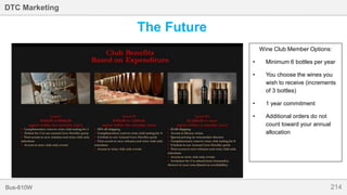 214Bus-810W
DTC Marketing
The Future
Wine Club Member Options:
• Minimum 6 bottles per year
• You choose the wines you
wish to receive (increments
of 3 bottles)
• 1 year commitment
• Additional orders do not
count toward your annual
allocation
 