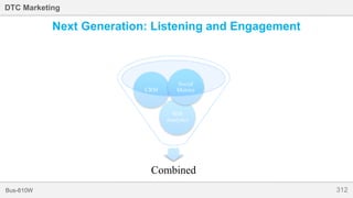 312Bus-810W
DTC Marketing
Next Generation: Listening and Engagement
Combined
Web
Analytics
CRM
Social
Metrics
 