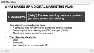 320Bus-810W
DTC Marketing
WHAT MAKES UP A DIGITAL MARKETING PLAN
• Your objective should come from:
• A company-wide KPI (drive new customers or more visitors)
• Ownership/Senior marketing lead/DTC manager (CMO)
• The closest senior member of your team
1. OBJECTIVE
(*Why*) The over-arching business problem
you were tasked with solving
• Your objective should be:
• Clear
• Actionable
• Map directly to a company-wide KPI
 