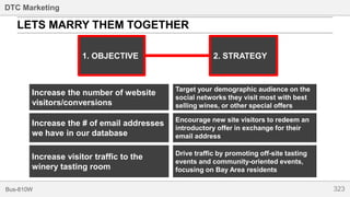 323Bus-810W
DTC Marketing
LETS MARRY THEM TOGETHER
Target your demographic audience on the
social networks they visit most with best
selling wines, or other special offers
Encourage new site visitors to redeem an
introductory offer in exchange for their
email address
Drive traffic by promoting off-site tasting
events and community-oriented events,
focusing on Bay Area residents
1. OBJECTIVE 2. STRATEGY
Increase the number of website
visitors/conversions
Increase the # of email addresses
we have in our database
Increase visitor traffic to the
winery tasting room
 