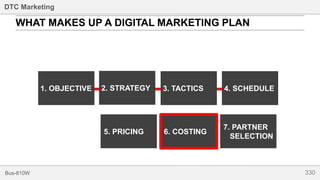 330Bus-810W
DTC Marketing
5. PRICING 6. COSTING
7. PARTNER
SELECTION
WHAT MAKES UP A DIGITAL MARKETING PLAN
1. OBJECTIVE 2. STRATEGY 3. TACTICS 4. SCHEDULE
 