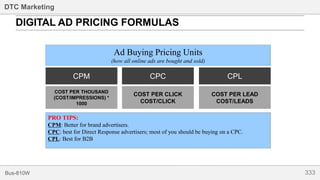 333Bus-810W
DTC Marketing
DIGITAL AD PRICING FORMULAS
CPM
COST PER THOUSAND
(COST/IMPRESSIONS) *
1000
CPC
COST PER CLICK
COST/CLICK
Ad Buying Pricing Units
(how all online ads are bought and sold)
PRO TIPS:
CPM: Better for brand advertisers.
CPC: best for Direct Response advertisers; most of you should be buying on a CPC.
CPL: Best for B2B
CPL
COST PER LEAD
COST/LEADS
 