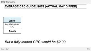 335Bus-810W
DTC Marketing
AVERAGE CPC GUIDELINES (ACTUAL MAY DIFFER)
Base Additions (each is an incremental cost)
Avg. Untargeted
CPC Gender Age Interest Occupation Education Geo
$0.35 +$0.25 +$0.25 +$0.30 +$0.25 +$0.15 +$0.45
But a fully loaded CPC would be $2.00
 