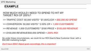 350Bus-810W
DTC Marketing
HOW MUCH WOULD I NEED TO SPEND TO HIT MY
TARGET ROI OF 200%?
>> TRAFFIC COST: 50,000 VISITS * $1.00/CLICK = $50,000 AD SPEND
>> CONVERSION: 50,000 VISITS * 2.00% CR = 1,000 CUSTOMERS
>> REVENUE: 1,000 CUSTOMERS * $100 PRICE = $100,000 REVENUE
>> $100,000 REVENUE/$50,000 SPEND = 200% ROI
EXAMPLE
So under these circumstances, we could hit our ROI Goal & New Customer Goal, with a
$50,000 marketing budget.
Don’t have $50k? Adjust goals accordingly, this is important!
 