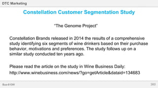 360Bus-810W
DTC Marketing
Constellation Customer Segmentation Study
“The Genome Project”
Constellation Brands released in 2014 the results of a comprehensive
study identifying six segments of wine drinkers based on their purchase
behavior, motivations and preferences. The study follows up on a
similar study conducted ten years ago.
Please read the article on the study in Wine Business Daily:
http://www.winebusiness.com/news/?go=getArticle&dataid=134683
 
