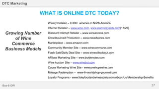 37Bus-810W
DTC Marketing
WHAT IS ONLINE DTC TODAY?
Growing Number
of Wine
Commerce
Business Models
Winery Retailer – 9,300+ wineries in North America
Internet Retailer – www.wine.com, www.elanvineyards.com(17/20)
Discount Internet Retailer – www.wineaccess.com
Crowdsourced Production – www.nakedwines.com
Marketplace – www.amazon.com
Community Member Site – www.winecommune.com
Flash Sale/Daily Deal Site – www.winestillsoldout.com
Affiliate Marketing Site – www.bottlenotes.com
Wine Auction Site – www.winebid.com
Cause Marketing Wine Site - www.onehopewine.com
Mileage Redemption – www-lh-worldshop-gourmet.com
Loyalty Programs - www.foleyfoodandwinesociety.com/About-Us/Membership-Benefits
 