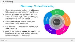 68Bus-810W
DTC Marketing
Discovery: Content Marketing
1. Create useful, usable content that adds value
to the customer experience with your brand.
2. Perform outreach, and determine the best
outlets to publish (high-profile guest blogging,
social networks, your own website).
3. Identify influencers who will share your
content and further discussion.
4. Pay attention to the responses, and engage
your audience.
5. Analyze the results, measure the impact (new
links to your website, new visitors, increased
social media activity, more sales).
 