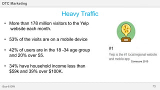 75Bus-810W
DTC Marketing
Heavy Traffic
• More than 178 million visitors to the Yelp
website each month.
• 53% of the visits are on a mobile device
• 42% of users are in the 18 -34 age group
and 20% over 55.
• 34% have household income less than
$59k and 39% over $100K.
Comscore 2015
 
