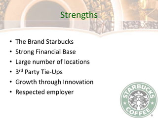  Another threat are the established food chains that have altered their focus to incorporate the rising trend of coffee.Increasing CompetitionDunkin Donuts: Complementary pairing of Coffee & Donuts.2. Peet’s Coffee & Tea: Focus on Quality Coffee & Strategic Positioning of Stores nearby to Starbucks locations.3. Caribou Coffee: Differentiate themselves on the basis of Store Environment.