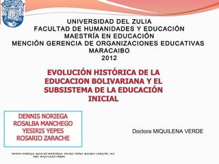 UNIVERSIDAD DEL ZULIA
FACULTAD DE HUMANIDADES Y EDUCACIÓN
MAESTRÍA EN EDUCACIÓN
MENCIÓN GERENCIA DE ORGANIZACIONES EDUCATIVAS
MARACAIBO
2012

Doctora MIQUILENA VERDE

DE NNIS NORIE G A, ROSA LBA MA NC HE GO, Y ES IRIS Y EPES , ROS ARIO Z ARACH E , 2012
DRA : MIQU ILENA VERDE

 