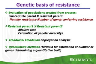 Genetic basis of resistance
 Evaluation of populations created from crosses:
   Susceptible parent X resistant parent
   Number resistance Number of genes conferring resistance

Resistant parent1 X Resistant parent2
        Allelism test
        Estimation of genetic diversitya

 Traditional Mendelian Segregation analysis

 Quantitative methods (formula for estimation of number of
genes determining a quantitative trait)
 