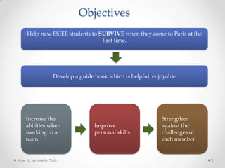 Objectives
How to survive in Paris 3
Help new ESIEE students to SURVIVE when they come to Paris at the
first time.
Develop a guide book which is helpful, enjoyable
Increase the
abilities when
working in a
team
Improve
personal skills
Strengthen
against the
challenges of
each member
 