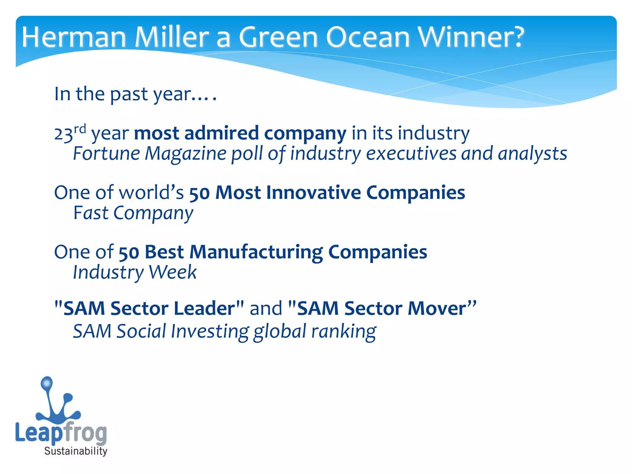 Herman Miller a Green Ocean Winner?
  In the past year….
  23rd year most admired company in its industry
    Fortune Magazine poll of industry executives and analysts
  One of world’s 50 Most Innovative Companies
   Fast Company
  One of 50 Best Manufacturing Companies
   Industry Week
  "SAM Sector Leader" and "SAM Sector Mover”
    SAM Social Investing global ranking
 