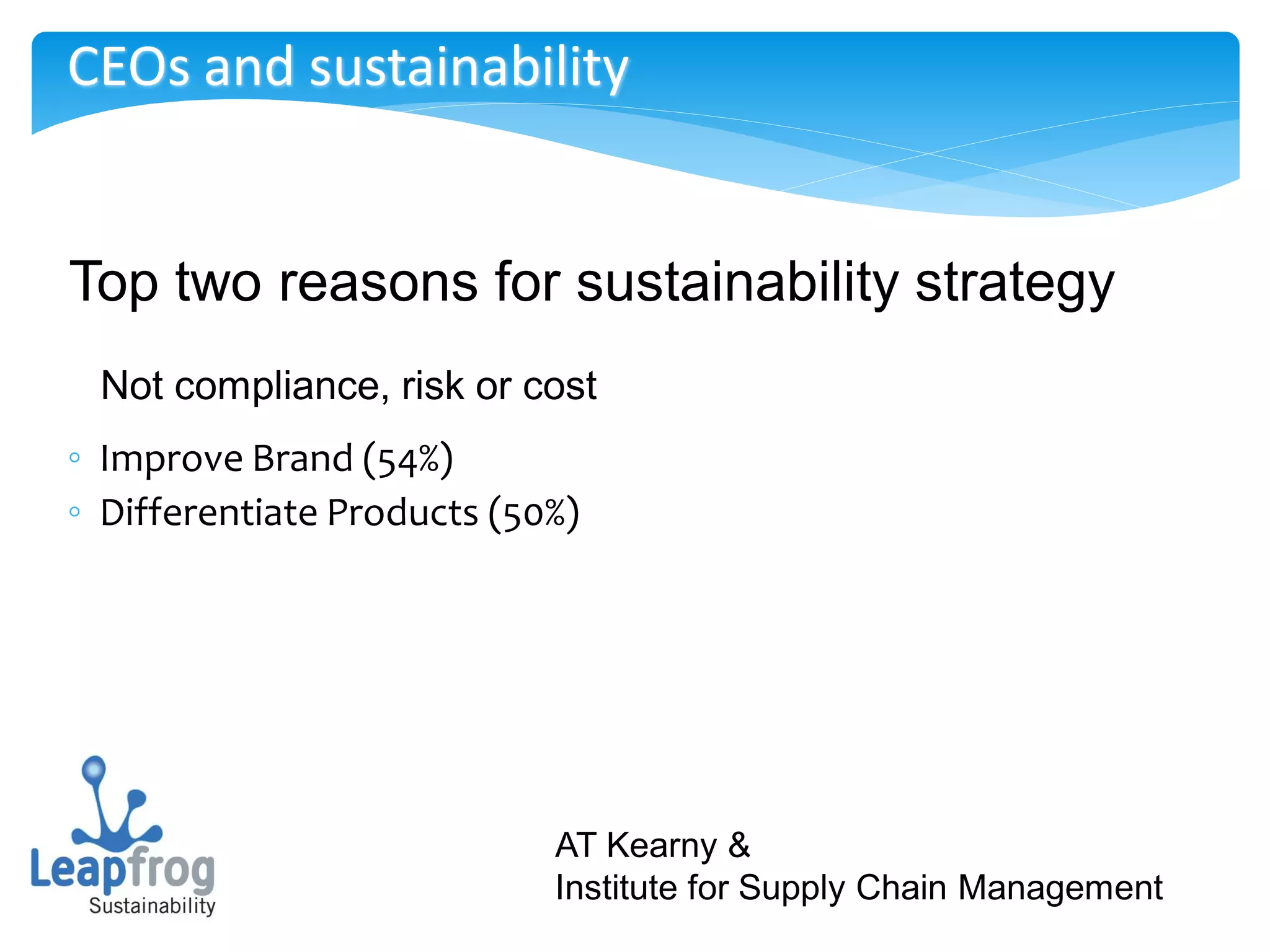 CEOs and sustainability


Top two reasons for sustainability strategy
 Not compliance, risk or cost
◦ Improve Brand (54%)
◦ Differentiate Products (50%)




                            AT Kearny &
                            Institute for Supply Chain Management
 