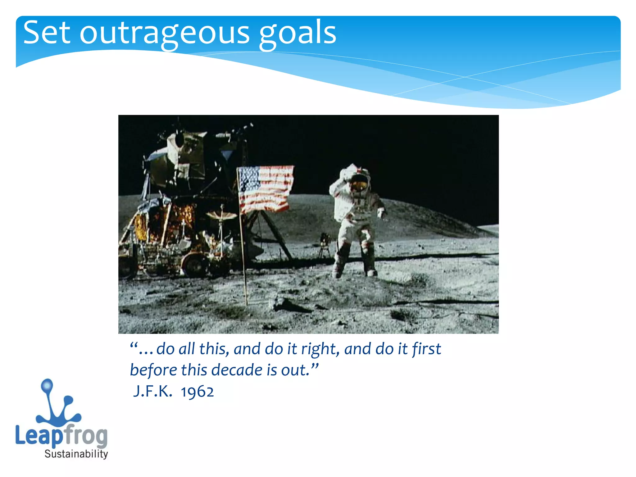 Set outrageous goals




      “…do all this, and do it right, and do it first
      before this decade is out.”
      J.F.K. 1962
 