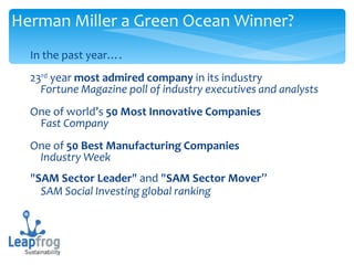 In the past year….  23 rd  year  most admired company  in its industry Fortune Magazine poll of industry executives and analysts  One of world’s  50 Most Innovative Companies  F ast Company One of  50 Best Manufacturing Companies  Industry Week " SAM Sector Leader " and " SAM Sector Mover ” SAM Social Investing global ranking  Herman Miller a Green Ocean Winner? 