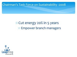 Cut energy 20% in 5 years Empower branch managers Chairman’s Task Force on Sustainability -2008 