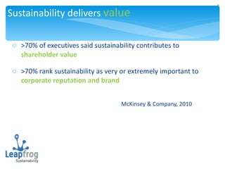 >70% of executives said sustainability contributes to  shareholder value  >70% rank sustainability as very or extremely important to  corporate reputation and brand McKinsey & Company, 2010 Sustainability delivers  value 