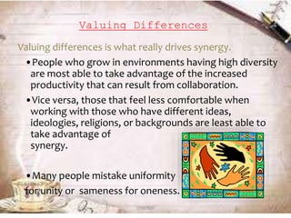 Valuing Differences
Valuing differences is what really drives synergy.
•People who grow in environments having high diversity
are most able to take advantage of the increased
productivity that can result from collaboration.
•Vice versa, those that feel less comfortable when
working with those who have different ideas,
ideologies, religions, or backgrounds are least able to
take advantage of
synergy.
•Many people mistake uniformity
for unity or sameness for oneness.
17SYNERGY
 