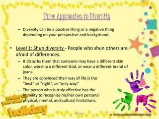 Three Approaches to Diversity
– Diversity can be a positive thing or a negative thing
depending on your perspective and background.
• Level 1: Shun diversity - People who shun others are
afraid of differences.
– It disturbs them that someone may have a different skin
color, worship a different God, or wear a different brand of
jeans.
– They are convinced their way of life is the
“best” or “right”, or “only way.”
– The person who is truly effective has the
humility to recognize his/her own personal
physical, mental, and cultural limitations.
18SYNERGY
 