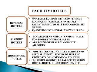 FACILITY HOTELSSPECIALLY EQUIPED WITH CONFERENCE ROOMS, SEMINAR HALLS, INTERNET FACILITIES ETC. TO SUIT THE CORPORATE GUESTS.