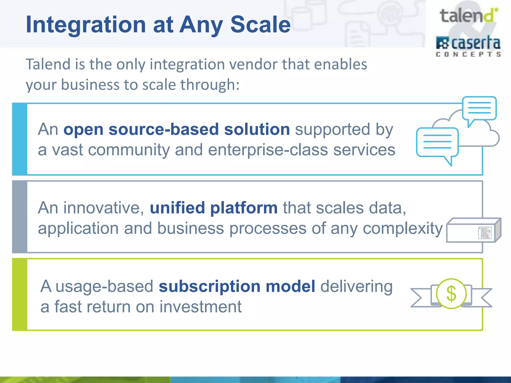 Integration at Any Scale
Talend is the only integration vendor that enables
your business to scale through:

 An open source-based solution supported by
 a vast community and enterprise-class services


 An innovative, unified platform that scales data,
 application and business processes of any complexity


  A usage-based subscription model delivering
                                                        $
  a fast return on investment
 