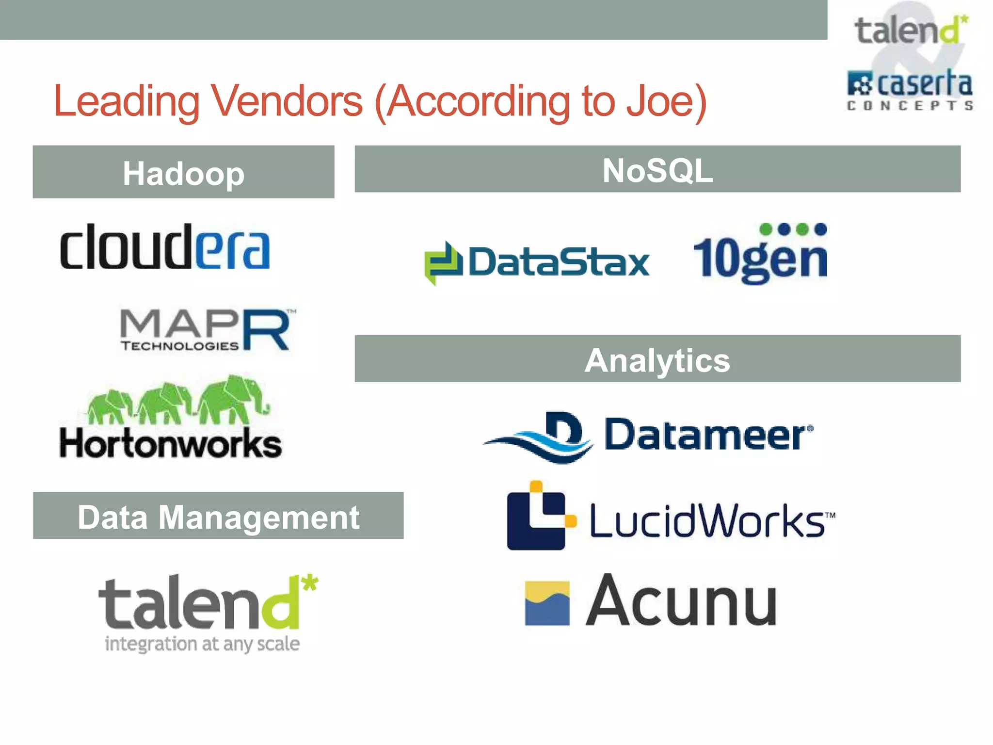 Leading Vendors (According to Joe)
   Hadoop                   NoSQL




                           Analytics



 Data Management
 