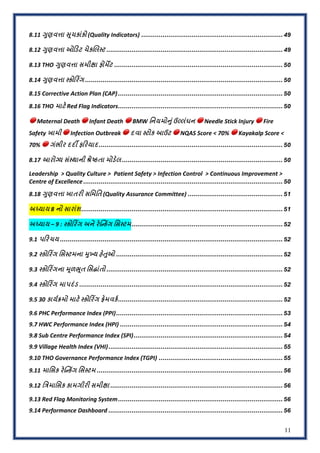 11
8.11 hુણવiા Lૂચકાંકો (Quality Indicators) ......................................................................... 49
8.12 hુણવiા ઓ7ડટ ચેકRલ0ટ ........................................................................................... 49
8.13 THO hુણવiા સમીNા ફોમyટ ....................................................................................... 50
8.14 hુણવiા 0કો7રTગ ...................................................................................................... 50
8.15 Corrective Action Plan (CAP)..................................................................................... 50
8.16 THO માટ) Red Flag Indicators..................................................................................... 50
🔴 Maternal Death🔴 Infant Death
🔴 BMW િનયમોOું ઉલંઘન
🔴 Needle Stick Injury
🔴 Fire
Safety ખામી🔴 Infection Outbreak
🔴 દવા 0ટોક આઉટ
🔴 NQAS Score < 70%
🔴 Kayakalp Score <
70%🔴 ગંભીર દદj ફ7રયાદ............................................................................................... 50
8.17 આરો>ય સં0થાની vેfઠતા મોડ)લ ................................................................................... 50
Leadership > Quality Culture > Patient Safety > Infection Control > Continuous Improvement >
Centre of Excellence....................................................................................................... 50
8.18 hુણવiા ખાતરE સિમિત (Quality Assurance Committee) ................................................. 51
અ4યાય 8 નો સારાંશ........................................................................................................ 51
અ4યાય – 9 : 0કો7રTગ અને ર){bક|ગ િસ0ટમ.............................................................................. 52
9.1 પ7રચય ................................................................................................................... 52
9.2 0કો7રTગ િસ0ટમના Aુ@ય હ)Wુઓ ...................................................................................... 52
9.3 0કો7રTગના Aૂળxૂત િસ^ાંતો ........................................................................................... 52
9.4 0કો7રTગ માપદંડ ......................................................................................................... 52
9.5 30 કાયPQમો માટ) 0કો7રTગ V)મવકP ..................................................................................... 52
9.6 PHC Performance Index (PPI)...................................................................................... 53
9.7 HWC Performance Index (HPI) .................................................................................... 54
9.8 Sub Centre Performance Index (SPI)............................................................................. 54
9.9 Village Health Index (VHI).......................................................................................... 55
9.10 THO Governance Performance Index (TGPI) ................................................................ 55
9.11 માિસક ર){bક|ગ િસ0ટમ ................................................................................................ 56
9.12 િ`માિસક કામગીરE સમીNા ......................................................................................... 56
9.13 Red Flag Monitoring System..................................................................................... 56
9.14 Performance Dashboard .......................................................................................... 56
 