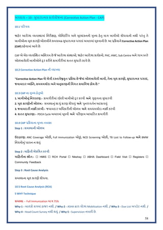 58
અ4યાય – 10 : Lુધારા~મક કાયPયોજના (Corrective Action Plan - CAP)
10.1 પરચય
!હ#ર આરો'ય eયવ:થામાં િનરOlણ, મોિનટ<ર_ગ અને =ૂDયાંકનનો =ુRય હ#Sુ મા~ ખામીઓ શોધવાનો નથી પરંSુ તે
ખામીઓના =ૂળ કારણો ઓળખીને સમયબ? Uુધારાbમક પગલાંઅમલમાં=ૂકવાનો છે. આ z<Qયાને Corrective Action Plan
(CAP) કહ#વામાં આવે છે.
CAP એ એક eયવ”:થત અkભગમ છે t આરો'ય સં:થાઓ, !હ#ર આરો'ય કાયPQમો, PHC, HWC, Sub Centre અને ગામ :તર#
ઓળખાયેલી ખામીઓને •ૂર કરOને કામગીરOમાં સતત Uુધારો લાવે છે.
10.2 Corrective Action Plan ની [યાSયા
"Corrective Action Plan એ એવી દ?તાવે©‚ૃત aZયા છે Xમાં ઓળખાયેલી ખામી, તેના Rૂળ કારણો, _ુધારાrમક પગલાં,
જવાબદાર [યw1ત, સમયમયાFદા અને અkુસરણની િવગત સમાિવVટ હોય છે."
10.3 CAP ના RુSય હ(mુઓ
1. ખામીઓkું િનરાકરણ:- કામગીરOમાં રહ#લી ખામીઓ •ૂર કરવી અને HુણવVા Uુધારવી
2. Rૂળ કારણોની ઓળખ:- સમ:યાfુંસાÜુંકારણ શોધ‡ું અને hુનરાવતPન અટકાવ‡ું
3. જવાબદાર: ન·: કરવી:- જવાબદાર અિધકારOની ઓળખ અને સમયમયાPદા ન™O કરવી
4. સતત _ુધારણા:- PDCA Cycle અમલમાં =ૂકવી અને પ<રણામ આધા<રત કામગીરO
10.4 CAP aZયાના RુSય તબ·ા
Step 1 : સમ?યાની ઓળખ
ઉદાહરણ: ANC Coverage ઓછO, Full Immunization ઓˆં, NCD Screening ઓછO, TB Lost to Follow-up અને BMW
િનયમોfુંપાલન ન થ‡ું
Step 2 : માહતી એકિ•ત કરવી
માહતીના ¸ોત:- ☐ HMIS ☐ RCH Portal ☐ Nikshay ☐ ABHA Dashboard ☐ Field Visit ☐ Registers ☐
Community Feedback
Step 3 : Root Cause Analysis
સમ:યાના =ૂળ કારણો શોધવા.
10.5 Root Cause Analysis (RCA)
5 WHY Technique
સમ?યા - Full Immunization મા~ 75%
Why-1 - બાળકો સ~માં હાજર નથી. / Why-2 - ASHA Jારા યો'ય Mobilization નથી. / Why-3 - Due List અપડ#ટ નથી. /
Why-4 - Head Count Survey નથી થWું. / Why-5 - Supervision નબળO છે.
 