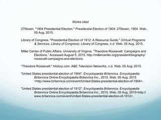 Works cited
270towin. "1904 Presidential Election." Presidential Election of 1904. 270towin, 1904. Web.
05 Aug. 2015.
Library of Congress. "Presidential Election of 1912: A Resource Guide." (Virtual Programs
& Services, Library of Congress). Library of Congress, n.d. Web. 05 Aug. 2015.
Miller Center of Public Affairs, University of Virginia. “Theodore Roosevelt: Campaigns and
Elections.” Accessed August 5, 2015. http://millercenter.org/president/biography/
roosevelt-campaigns-and-elections.
“Theodore Roosevelt." History.com. A&E Television Networks, n.d. Web. 05 Aug. 2015.
"United States presidential election of 1904". Encyclopædia Britannica. Encyclopædia
Britannica Online.Encyclopædia Britannica Inc., 2015. Web. 05 Aug. 2015
<http://www.britannica.com/event/United-States-presidential-election-of-1904>.
"United States presidential election of 1912". Encyclopædia Britannica. Encyclopædia
Britannica Online.Encyclopædia Britannica Inc., 2015. Web. 05 Aug. 2015<http://
www.britannica.com/event/United-States-presidential-election-of-1912>.
 