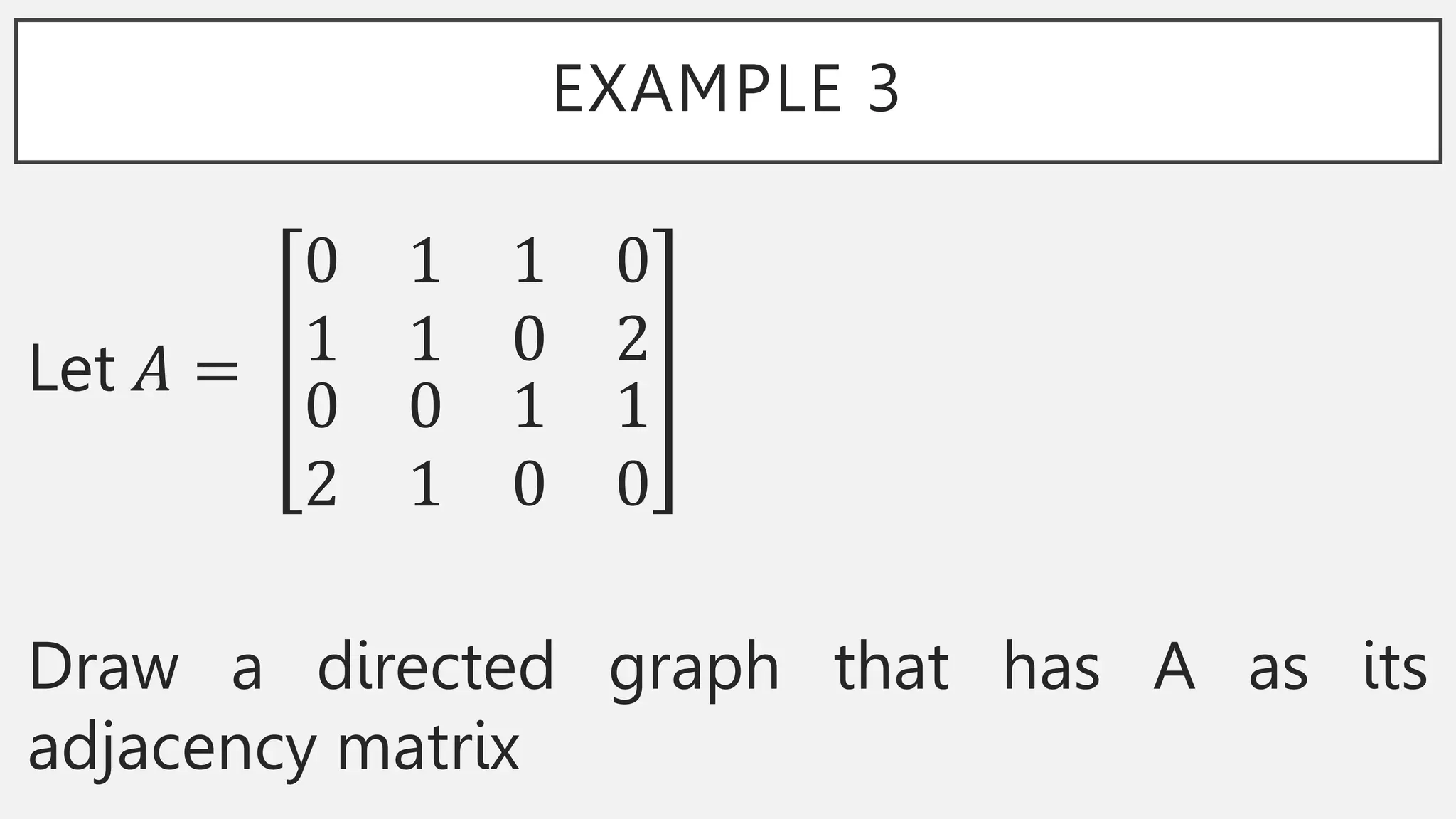 EXAMPLE 3
Let 𝐴 =
0 1
1 1
1 0
0 2
0 0
2 1
1 1
0 0
Draw a directed graph that has A as its
adjacency matrix
 
