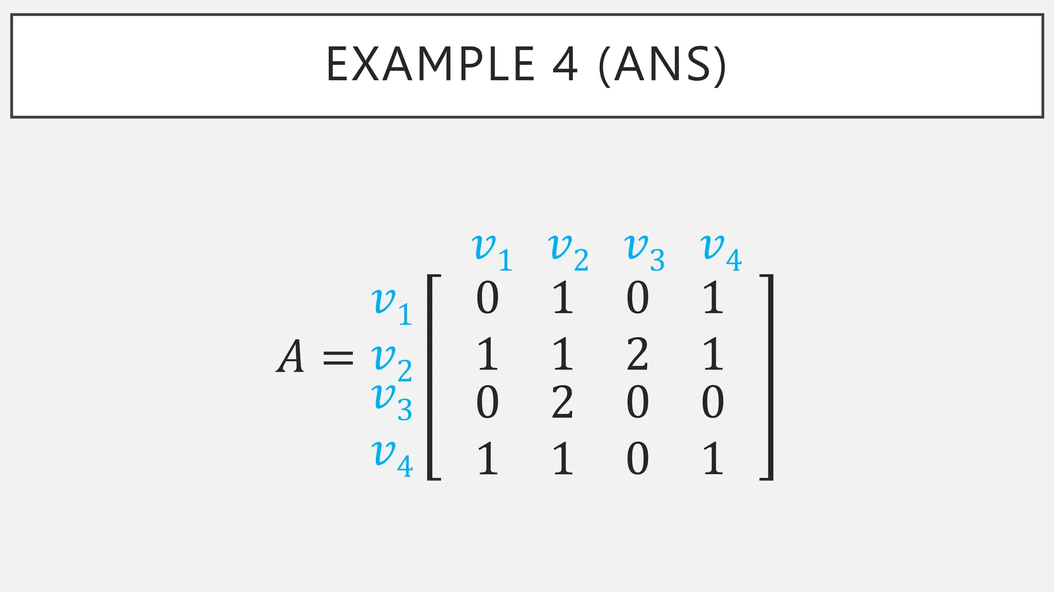 EXAMPLE 4 (ANS)
𝐴 =
𝑣1 𝑣2 𝑣3 𝑣4
𝑣1
𝑣2
𝑣3
𝑣4
0 1
1 1
0 1
2 1
0 2
1 1
0 0
0 1
 
